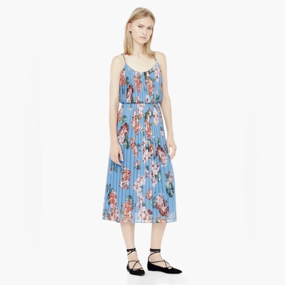 Mango Blue Floral Pleated Midi Dress with Spaghetti Straps NWT